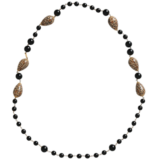 Gold Tone Brass Black Printed Beaded Long Chain Necklace