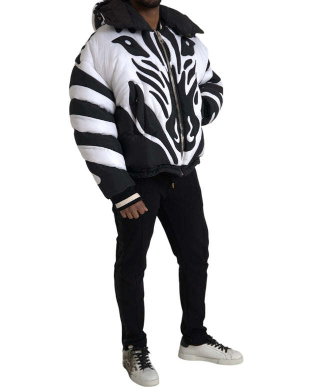 Black White Stripes Hooded Puffer Jacket