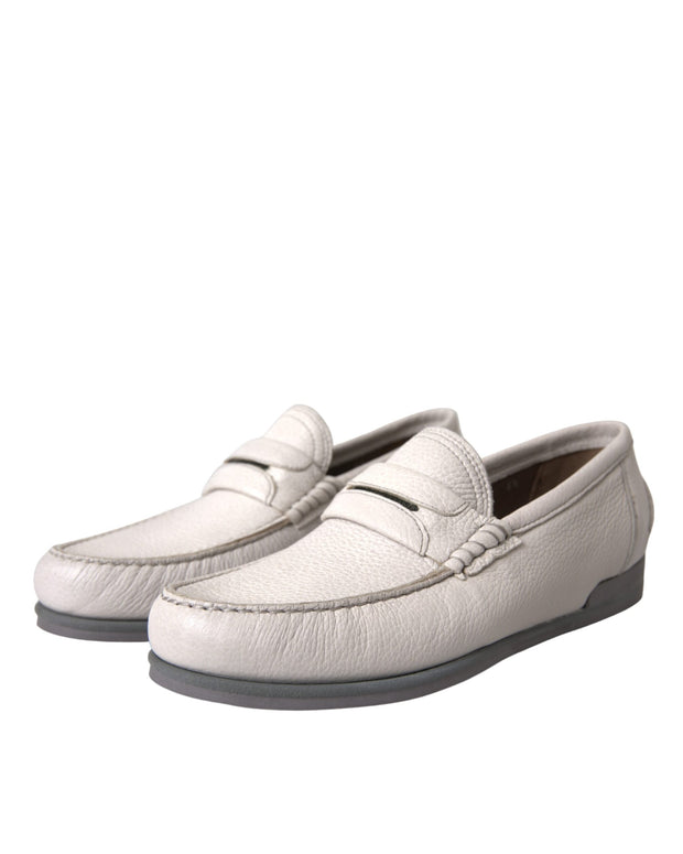 White Gray Leather Slip Mocassin Shoes Loafer