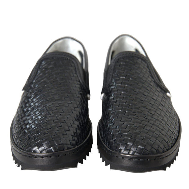 Black Woven Buffalo Leather Men Loafers Shoes