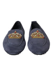 Blue Leather Suede Crystal Crown Loafers Shoes