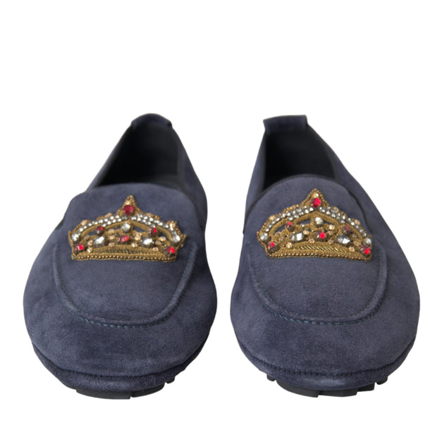 Blue Leather Suede Crystal Crown Loafers Shoes