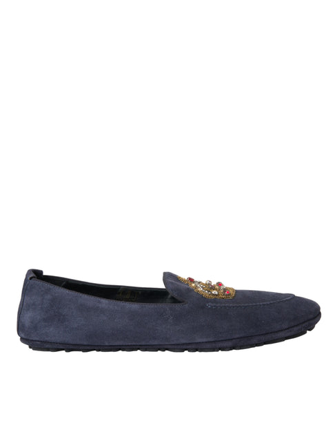 Blue Leather Suede Crystal Crown Loafers Shoes