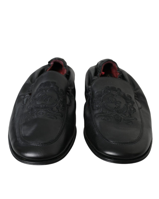 Black Logo Embroidered Leather Loafer Men Dress Shoes