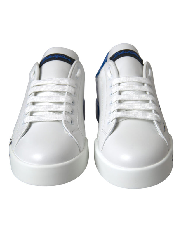 White Blue Leather Logo Low Top Sneakers Shoes