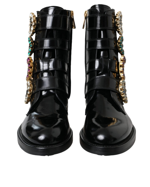 Black Leather Crystal Buckles Boots Shoes