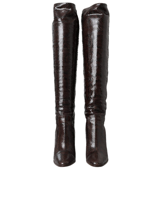Brown Exotic Leather Heels High Boots Shoes