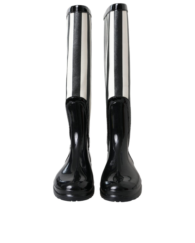 Black Rubber Knee High Flat Boots Shoes