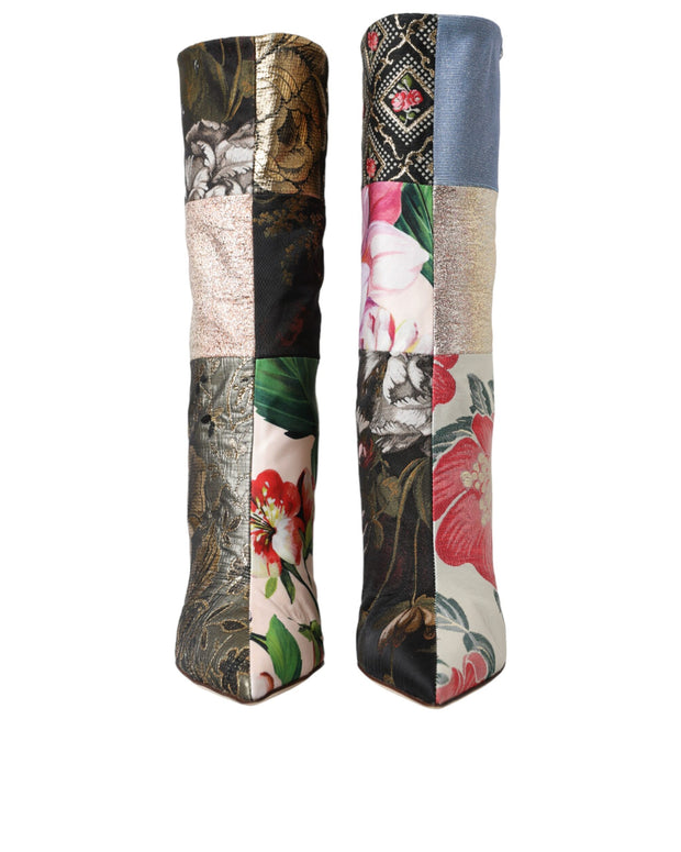 Multicolor Patchwork Print Heeled Boots Shoes