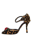 Brown Leopard Floral Crystal Mary Janes Pumps Shoes