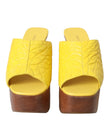 Yellow Leather Wood Mule Wedge Slides Shoes