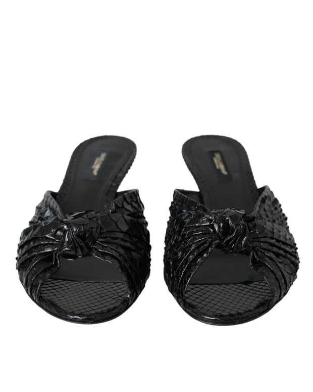 Black Exotic Leather Heels Slides Shoes