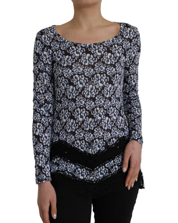 Blue Floral Lace Long Sleeves Top Underwear Blouse