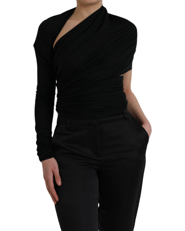 Black Wool Cutout Asymmetric Long Sleeve Top