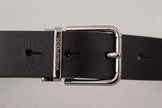 Black Calf Leather Logo Engraved Metal Buckle Belt