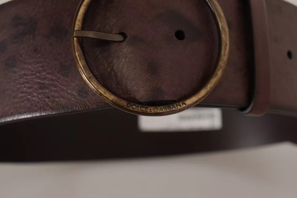 Dark Brown Wide Calf Leather Logo Round Buckle Belt