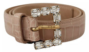 Beige Leather Crystal Buckle Women Belt