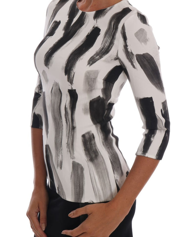 White Black Striped Printed Blouse Top