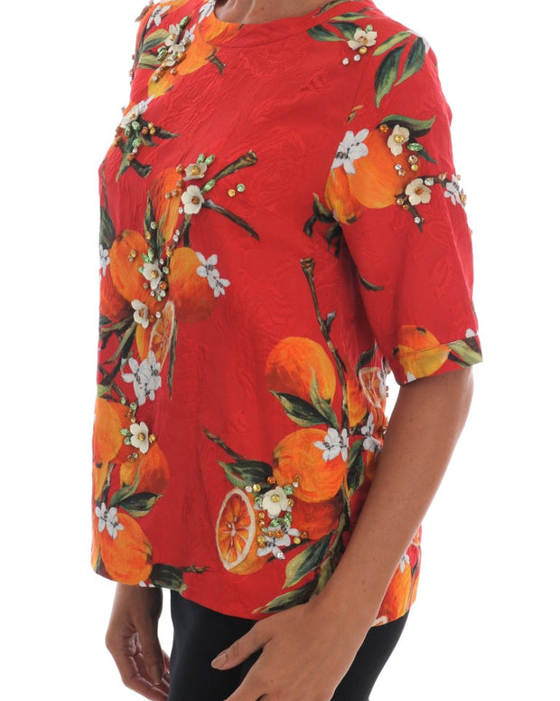 Orange Print Crystal-Embellished Blouse