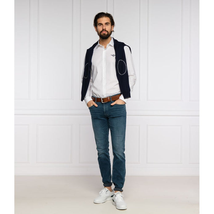"White Cotton Men's Shirt with Slim Fit Design"