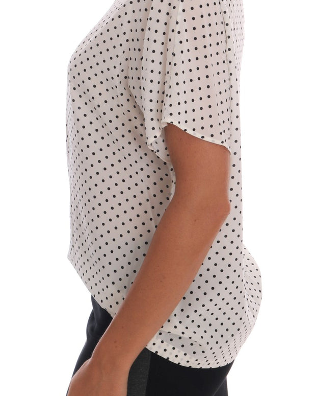 White Polka Dotted Silk T-shirt Top