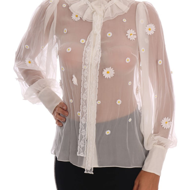 Elegant White Silk Daisy Blouse