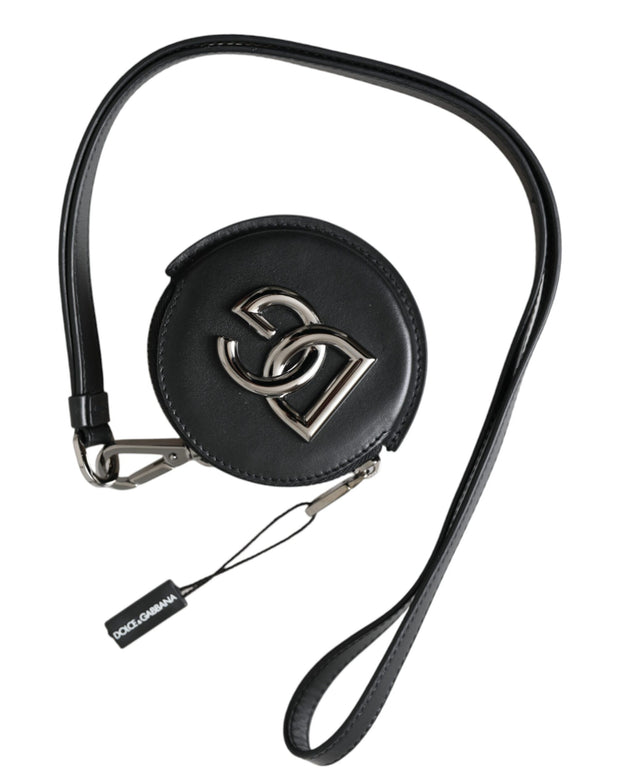 Black Round Leather DG Logo Coin Purse Lanyard Wallet