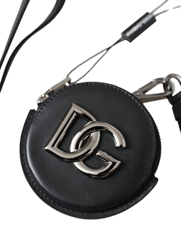 Black Round Leather DG Logo Coin Purse Lanyard Wallet