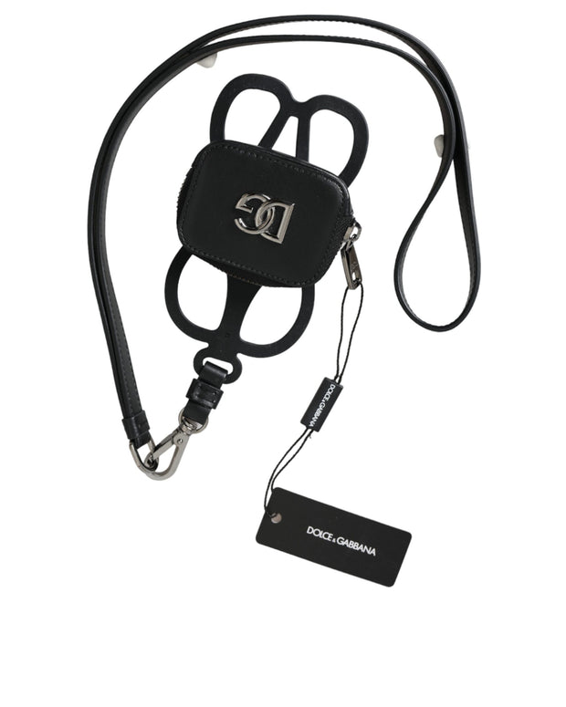 Black Calfskin Leather DG Logo Coin Purse Lanyard Wallet