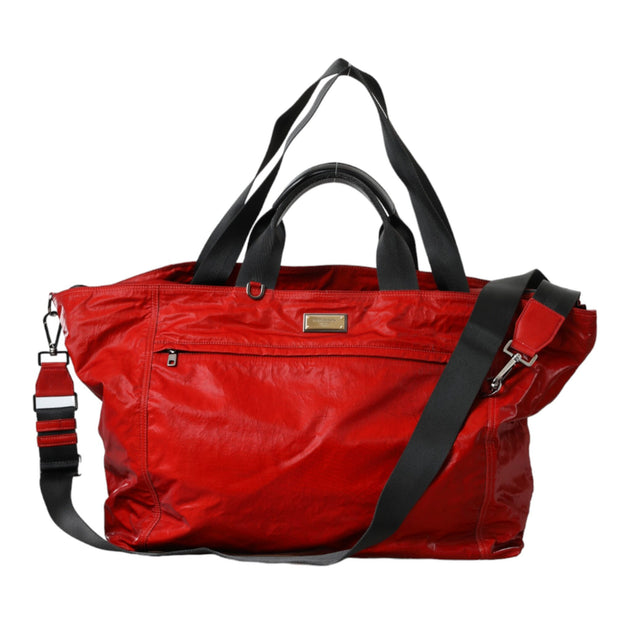 Red Nylon Calfskin Hand Shoulder Duffel Bag