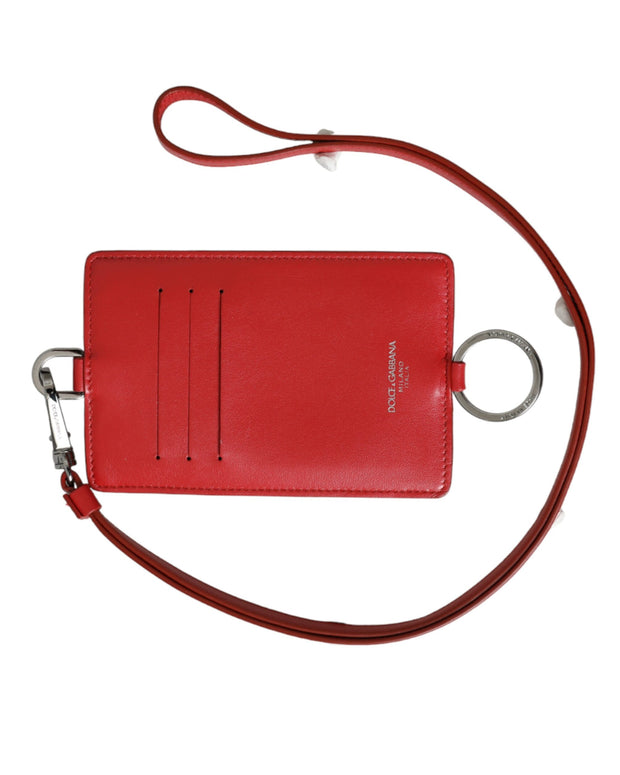 Red Calfskin Leather Lanyard Logo Card Holder Wallet