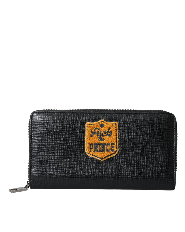Black Leather Logo Patch Zip Around Continental Wallet