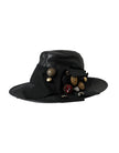 Black Leather DG Coin Crystal Wide Brim Hat