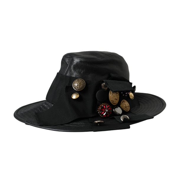 Black Leather DG Coin Crystal Wide Brim Hat