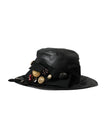 Black Leather DG Coin Crystal Wide Brim Hat