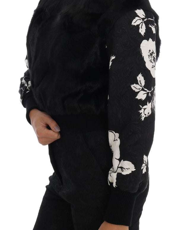 Black Fur Floral Brocade Zipper Sweater
