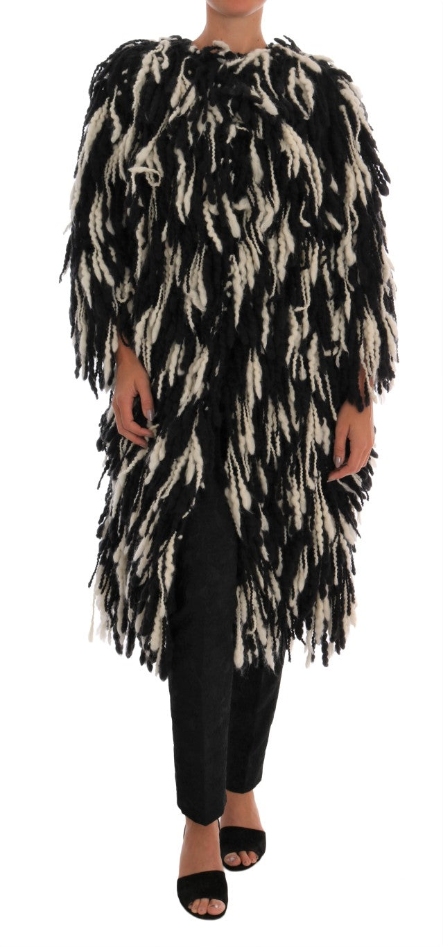 Black and White Fringed Wool Coat Jacket