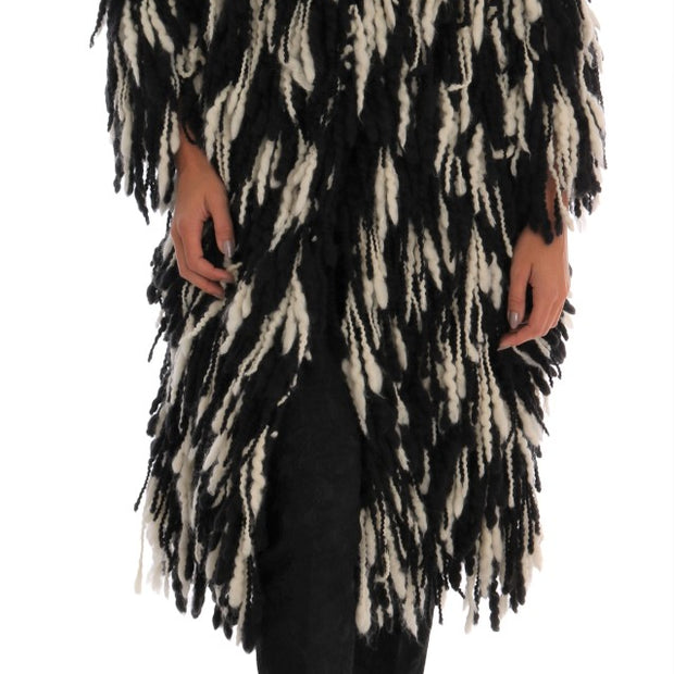 Black and White Fringed Wool Coat Jacket