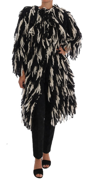 Black and White Fringed Wool Coat Jacket