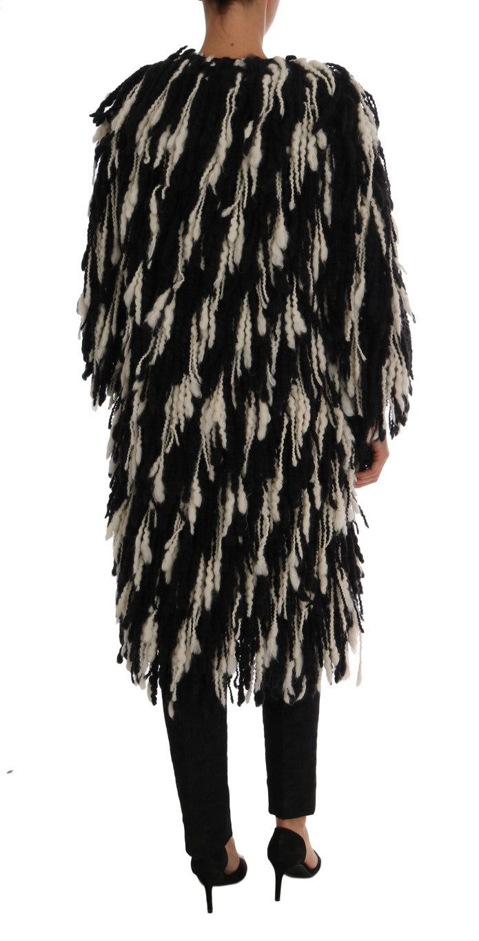 Black and White Fringed Wool Coat Jacket