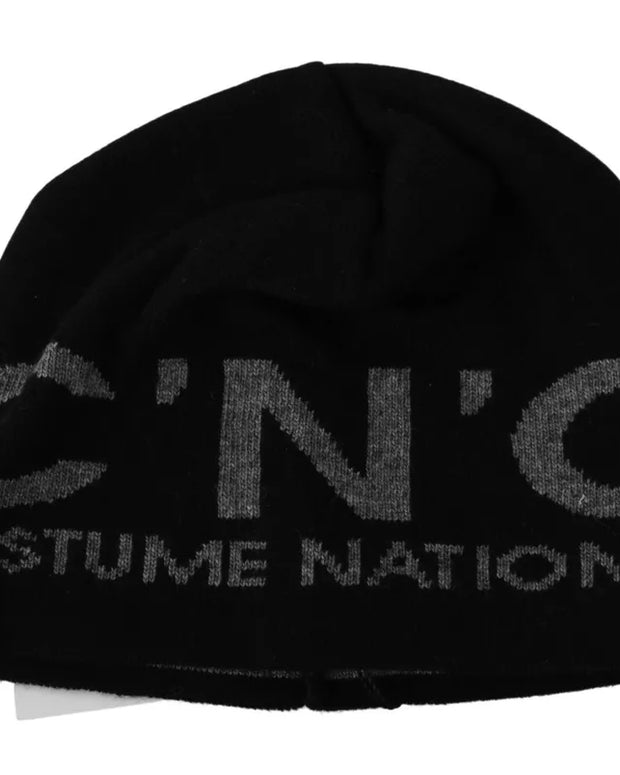 Black Wool Blend Branded Beanie Hat