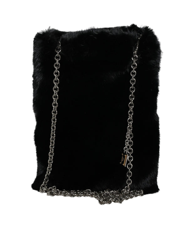 Black Faux Fur Silver Chain Crossbody Shoulder Purse Bag