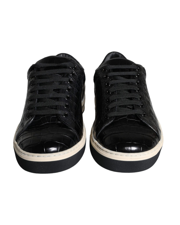 Black Leather Men Low Top Sneakers Shoes