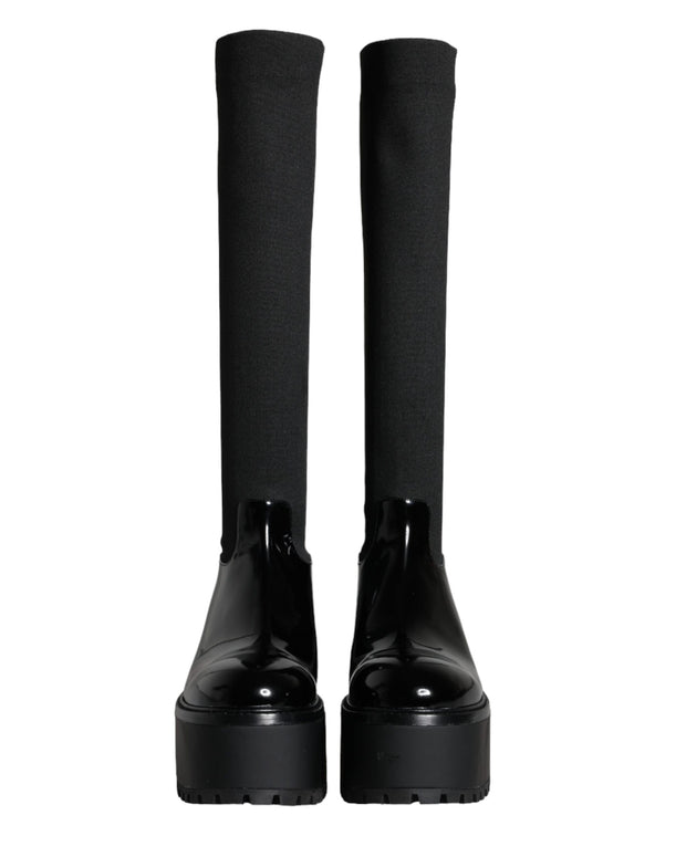 Black Leather Jersey Knee High Boots Shoes