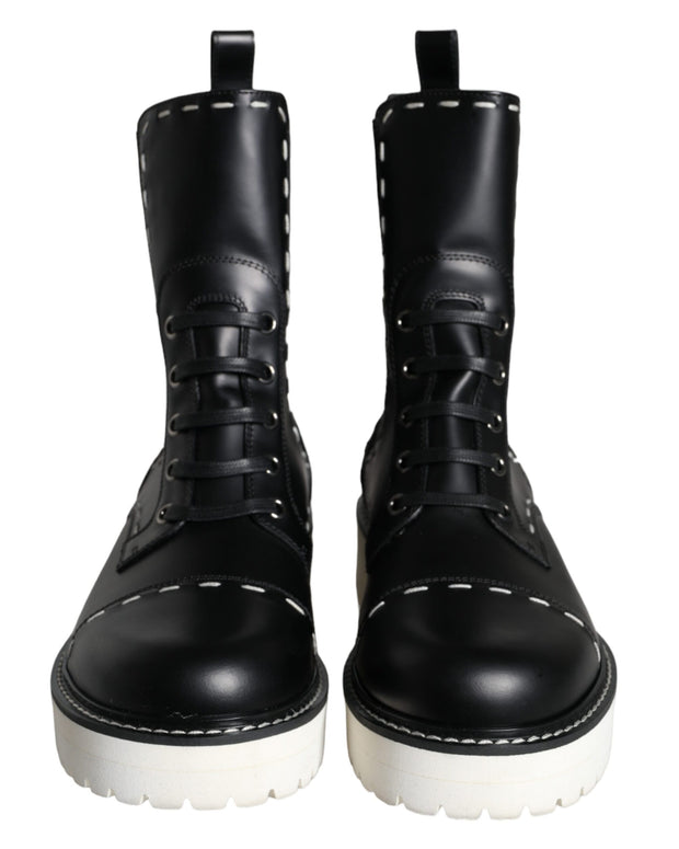 Black Leather Combat Mid Calf Boots Shoes