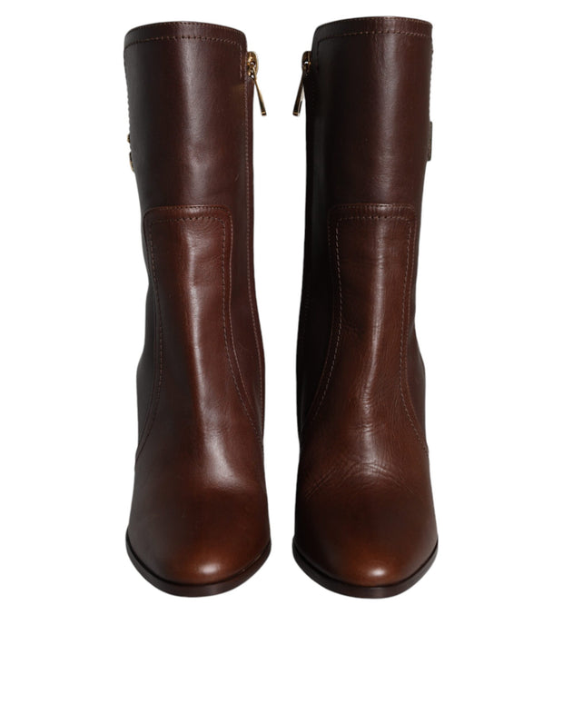 Brown Leather Heels Mid Calf Boots Shoes