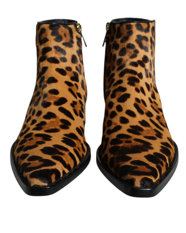 Brown Leopard Calf Fur Ankle Boots Shoes