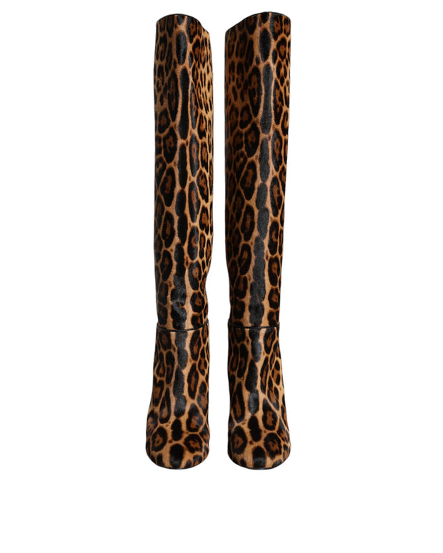 Beige Black Leopard Knee High Boots Shoes