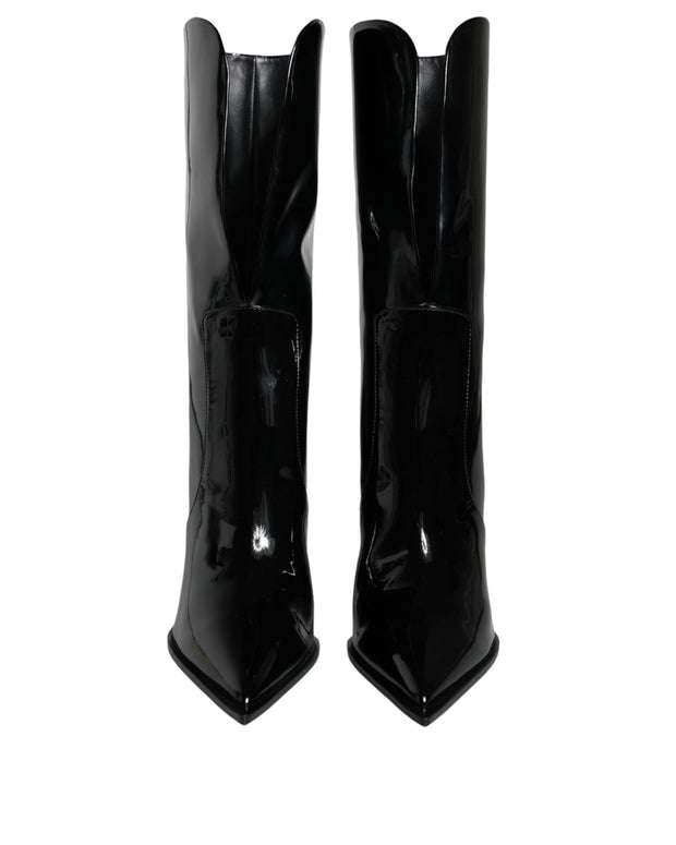 Black Patent Leather Mid Calf Boots Shoes