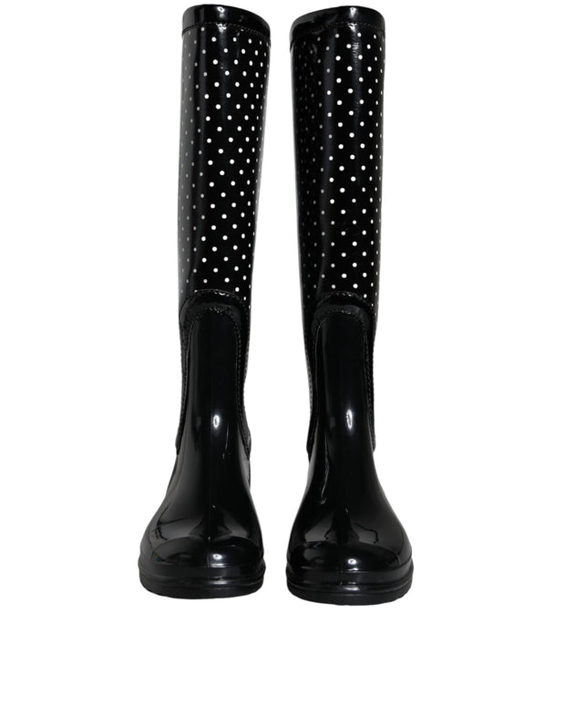Black Polka Dot Rubber Knee High Boots Shoes